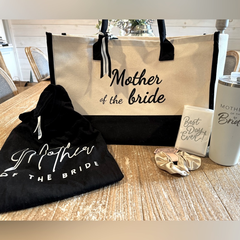 Mother of the Bride Set. Tote Bag, Tissues, Tumbler, Shirt and Hair Tie
